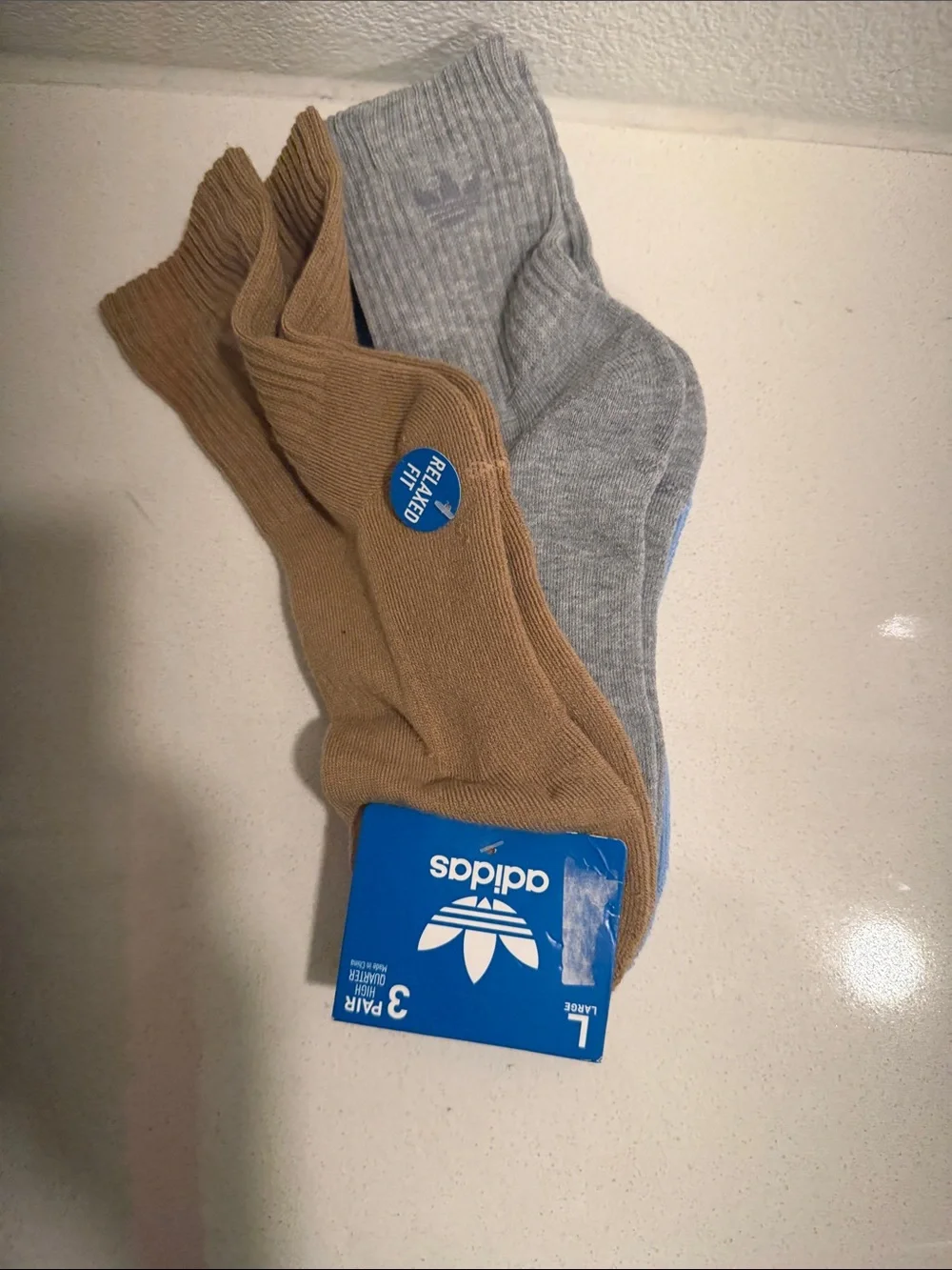 adidas 3-Pack Crew Socks in Tan, Gray & Light Blue